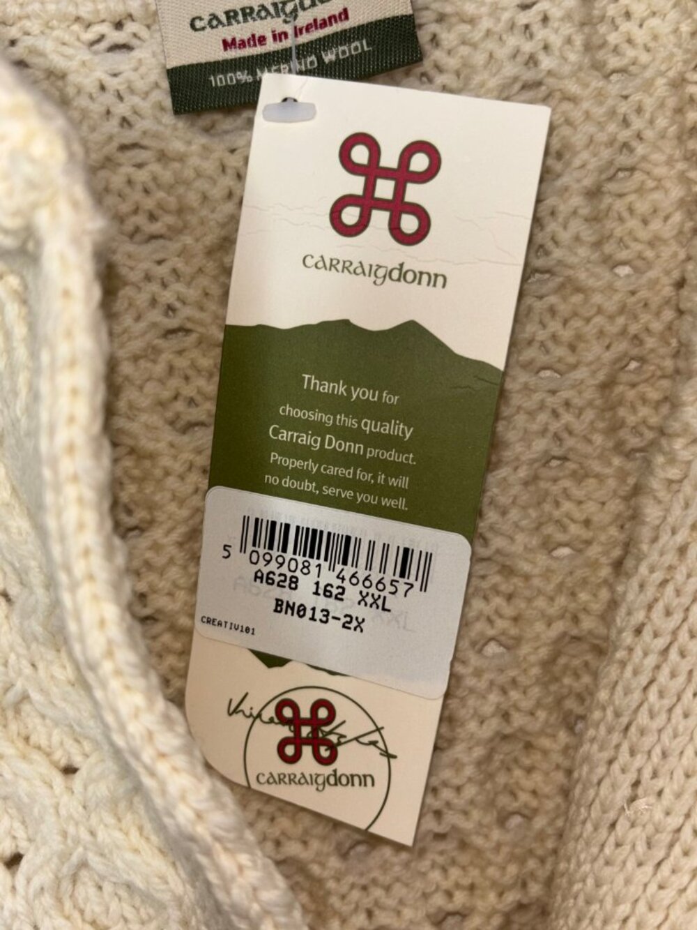 Carraig Donn Kids Aran Cardigan XXL Cream 100% Merino Wool Sweater Ireland - Picture 6 of 10